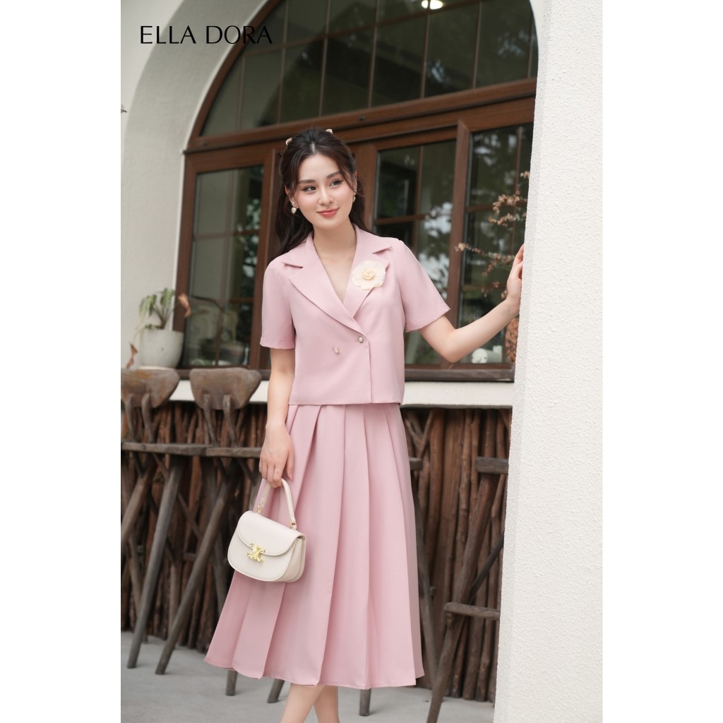 Áo công sở nữ  ELLA DORA màu HỒNG chất liệu tweed ngắn tay đứng form  tạo sự thanh lịch mặc mùa hè [KG23]