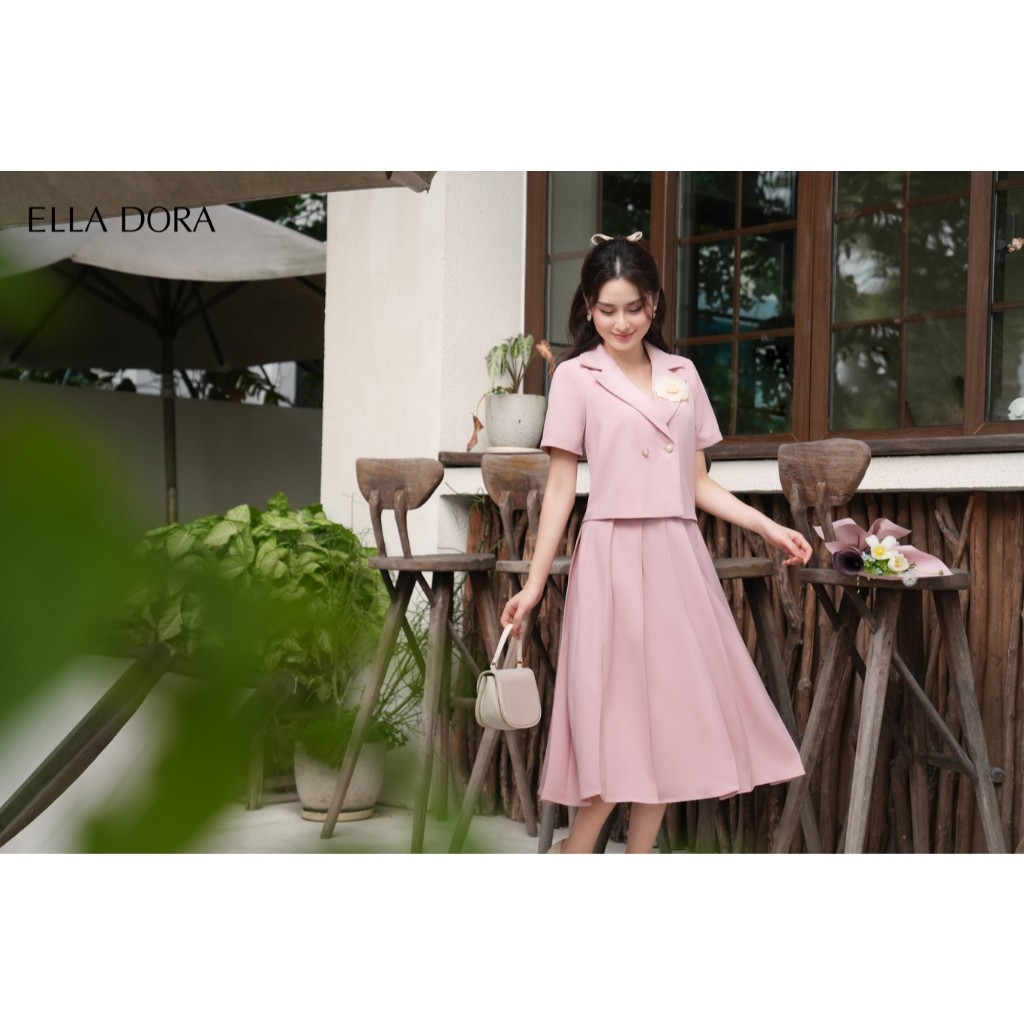 Áo công sở nữ  ELLA DORA màu HỒNG chất liệu tweed ngắn tay đứng form  tạo sự thanh lịch mặc mùa hè [KG23]