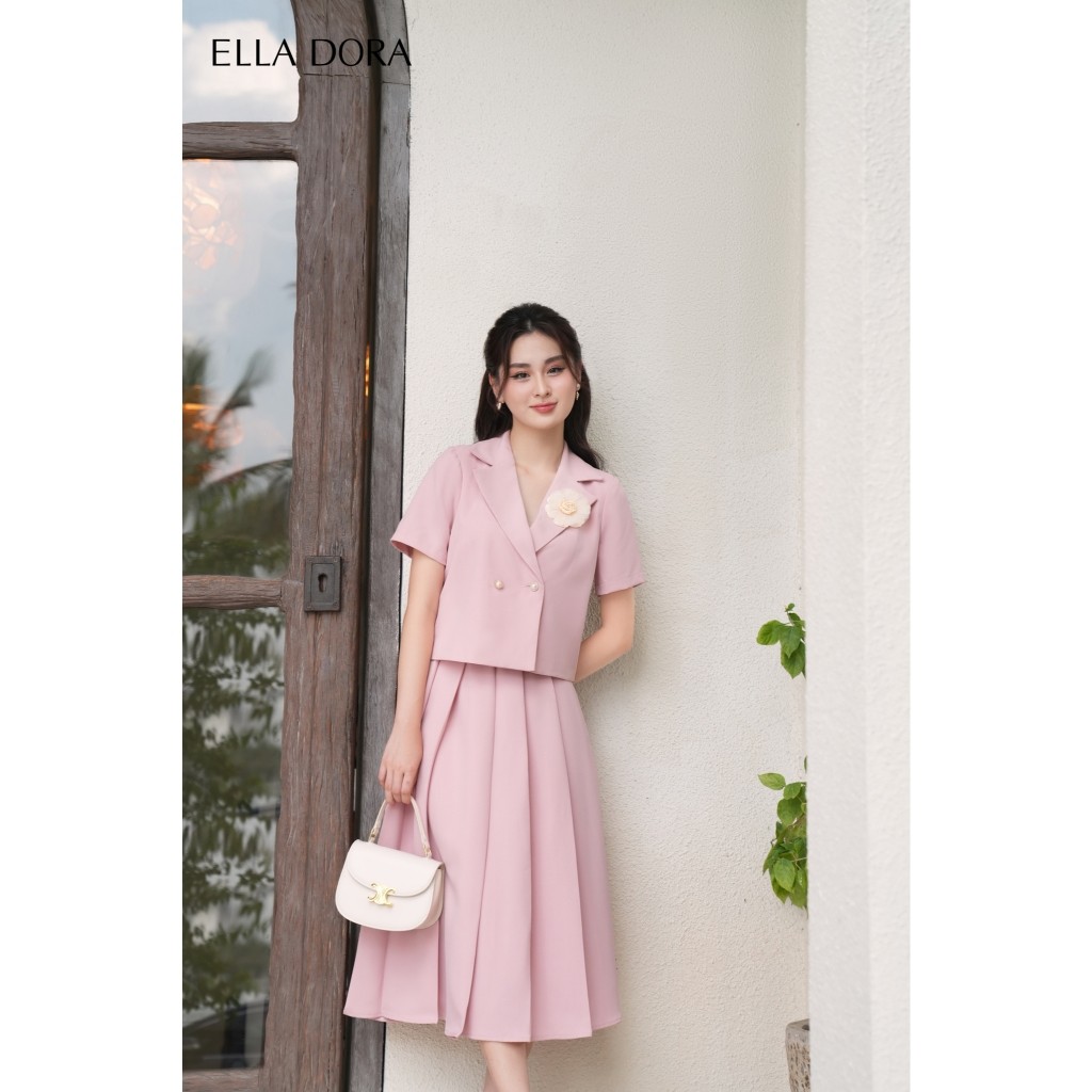 Áo công sở nữ  ELLA DORA màu HỒNG chất liệu tweed ngắn tay đứng form  tạo sự thanh lịch mặc mùa hè [KG23]