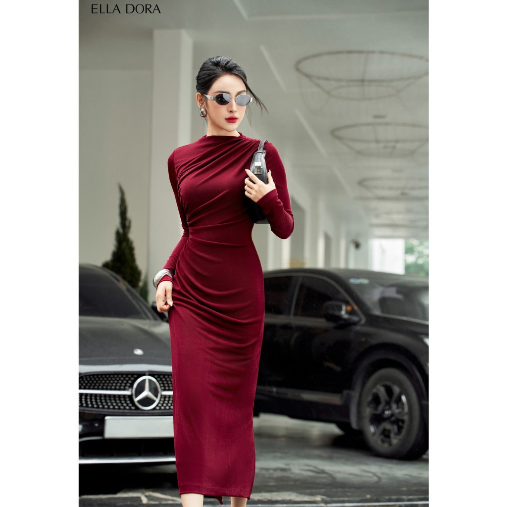 Đầm body ELLA DORA xếp ly eo form ôm co giãn dáng dài hiện đại dễ mặc hai màu ĐỎ ĐÔ/ĐEN [D268]