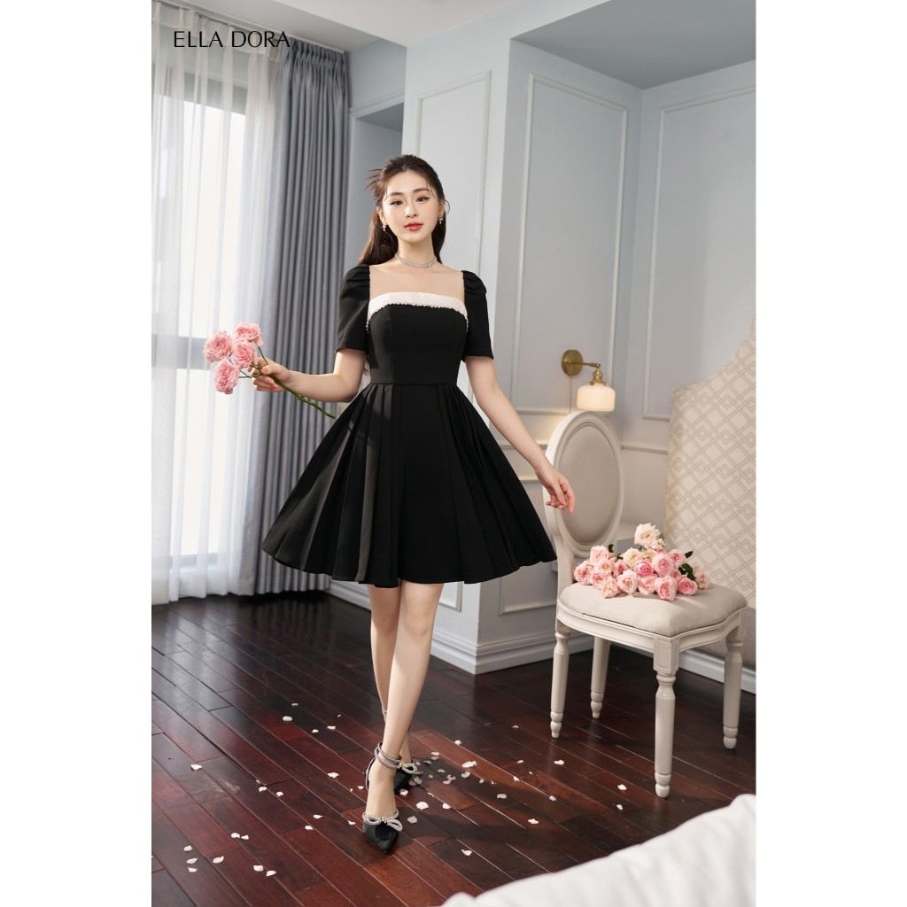Đầm nữ ELLA DORA form ôm cổ vuông phối tơ dây đá lấp lánh thiết kế thanh lịch sang trọng [D93]
