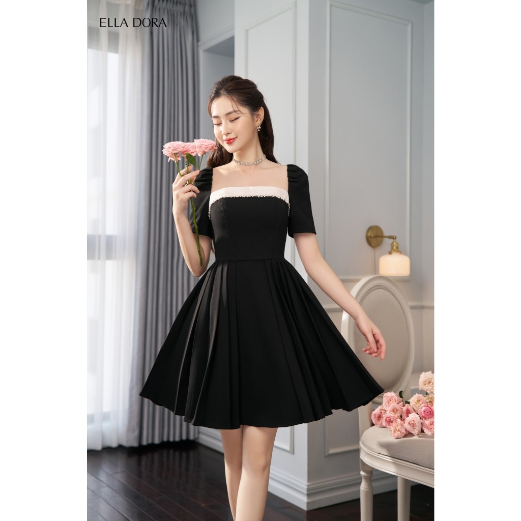 Đầm nữ ELLA DORA form ôm cổ vuông phối tơ dây đá lấp lánh thiết kế thanh lịch sang trọng [D93]