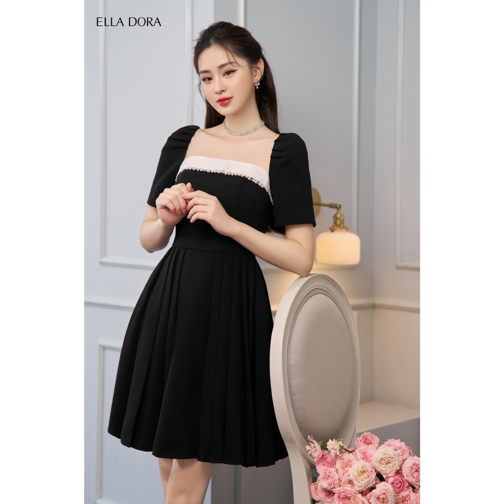Đầm nữ ELLA DORA form ôm cổ vuông phối tơ dây đá lấp lánh thiết kế thanh lịch sang trọng [D93]