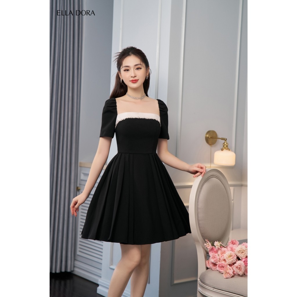 Đầm nữ ELLA DORA form ôm cổ vuông phối tơ dây đá lấp lánh thiết kế thanh lịch sang trọng [D93]