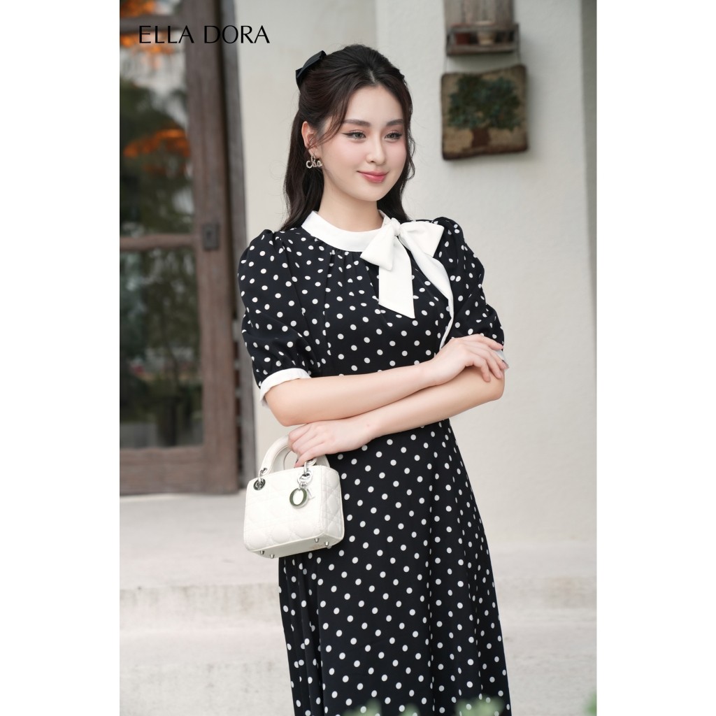 Đầm nữ ELLA DORA họa tiết chấm bi cổ phối nơ dáng gọn thanh lịch sang trọng [D90]