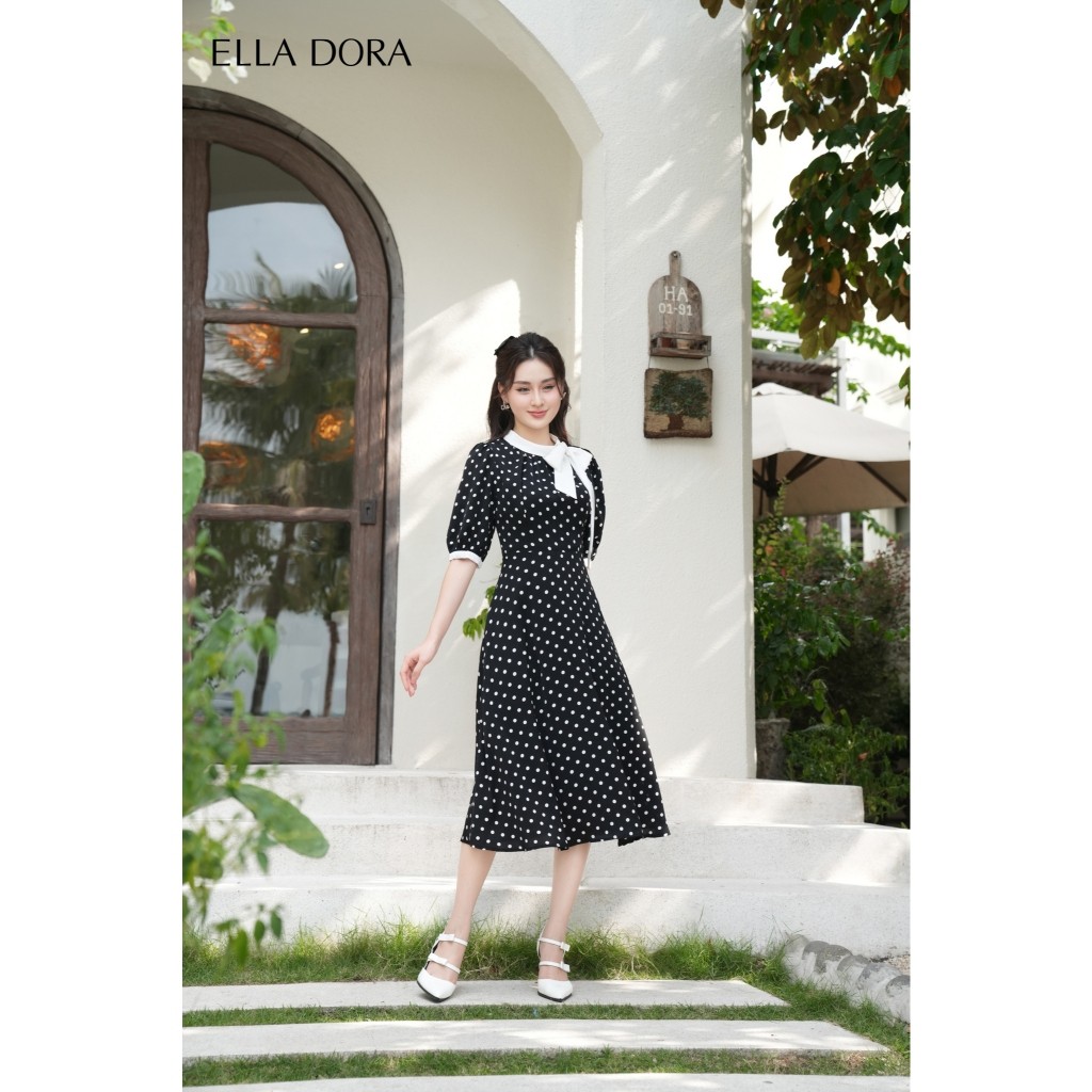 Đầm nữ ELLA DORA họa tiết chấm bi cổ phối nơ dáng gọn thanh lịch sang trọng [D90]