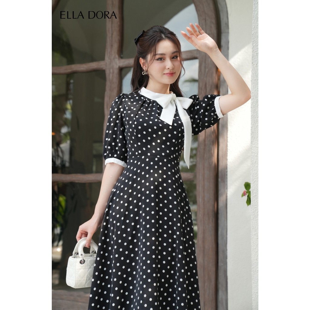 Đầm nữ ELLA DORA họa tiết chấm bi cổ phối nơ dáng gọn thanh lịch sang trọng [D90]