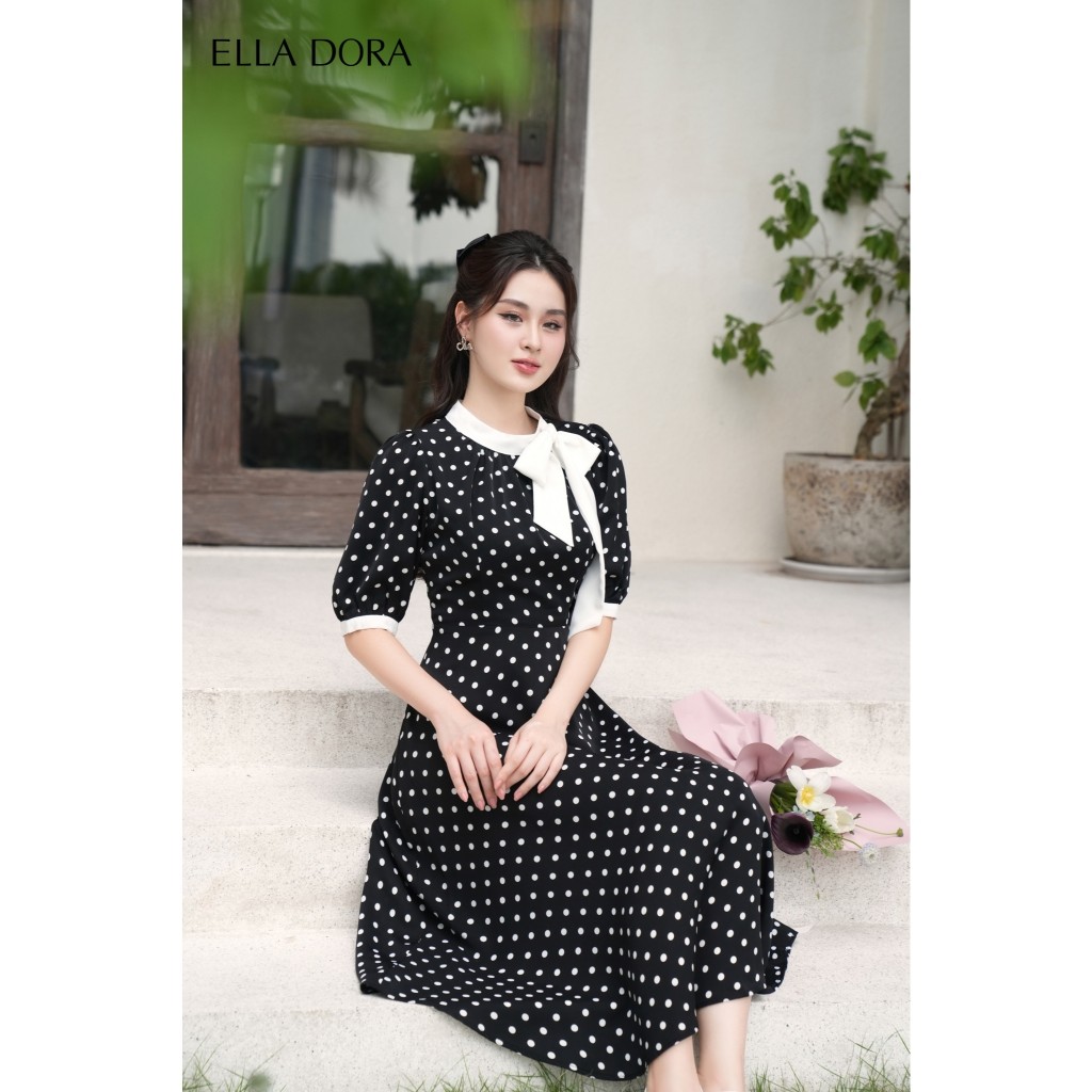 Đầm nữ ELLA DORA họa tiết chấm bi cổ phối nơ dáng gọn thanh lịch sang trọng [D90]