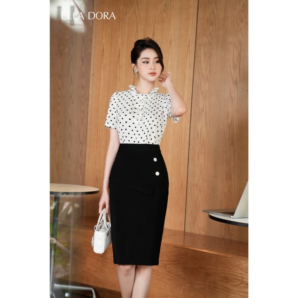 Chân váy ôm ELLA DORA peplum đen phối 2 cúc dáng gọn thiết kế thanh lịch phong cách công sở [CV55]