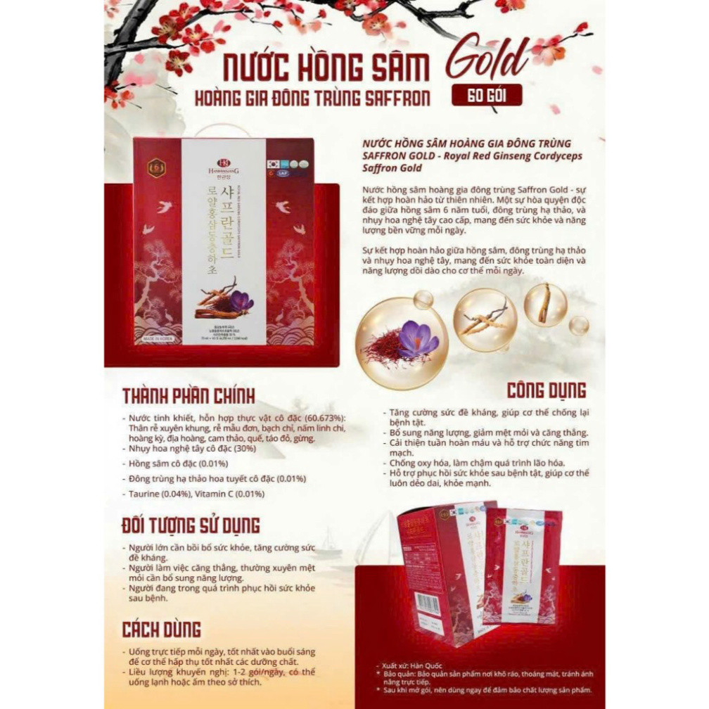 Nước Hồng Sâm Đông Trùng Saffron Gold - Hộp 60 gói