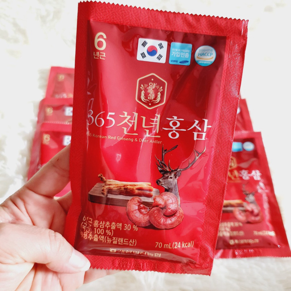 Hộp 10 Gói Nước Hồng Sâm Kết Hợp Nhung Hươu và Linh Chi 365 Giúp Bổ Sung Dinh Dưỡng Tối Ưu ( hàng mới về )