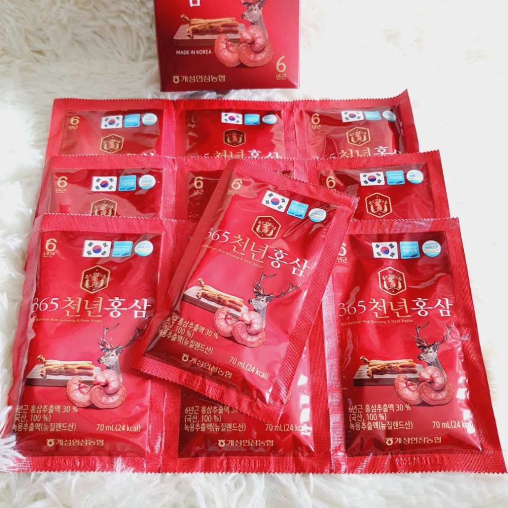 Hộp 10 Gói Nước Hồng Sâm Kết Hợp Nhung Hươu và Linh Chi 365 Giúp Bổ Sung Dinh Dưỡng Tối Ưu ( hàng mới về )
