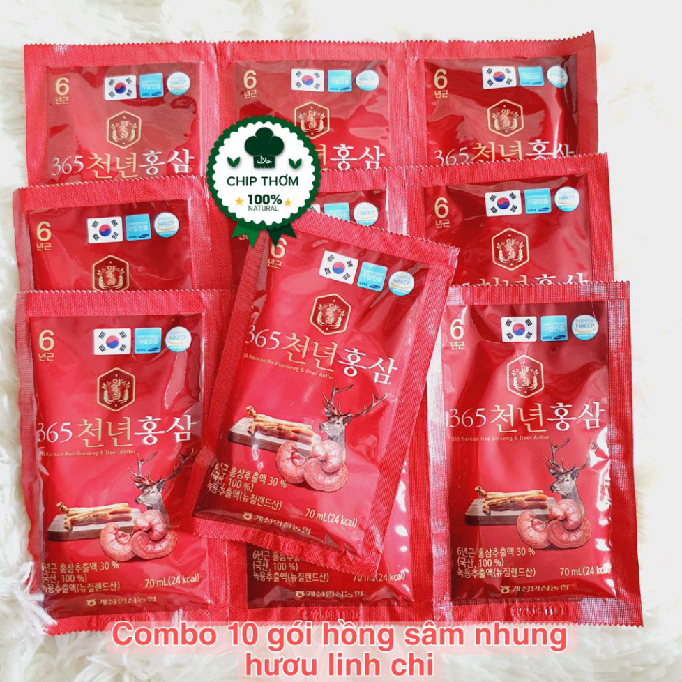 Hộp 10 Gói Nước Hồng Sâm Kết Hợp Nhung Hươu và Linh Chi 365 Giúp Bổ Sung Dinh Dưỡng Tối Ưu ( hàng mới về )
