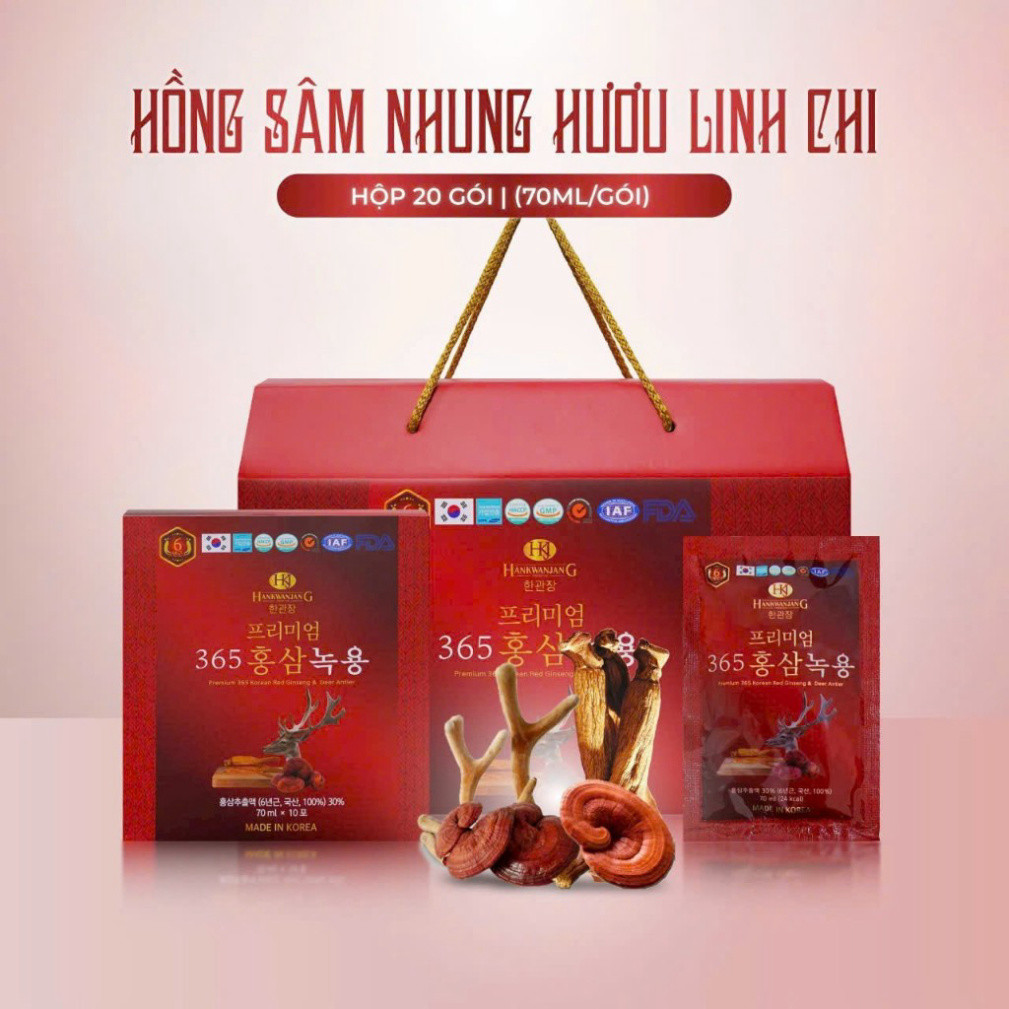 ```(Mẫu mới) Nước Hồng Sâm Linh Chi Nhung Hươu 365 Hansusam Korea Hàn Quốc, 20 Gói x 70ml mỗi Gói``` ( hàng mới về )