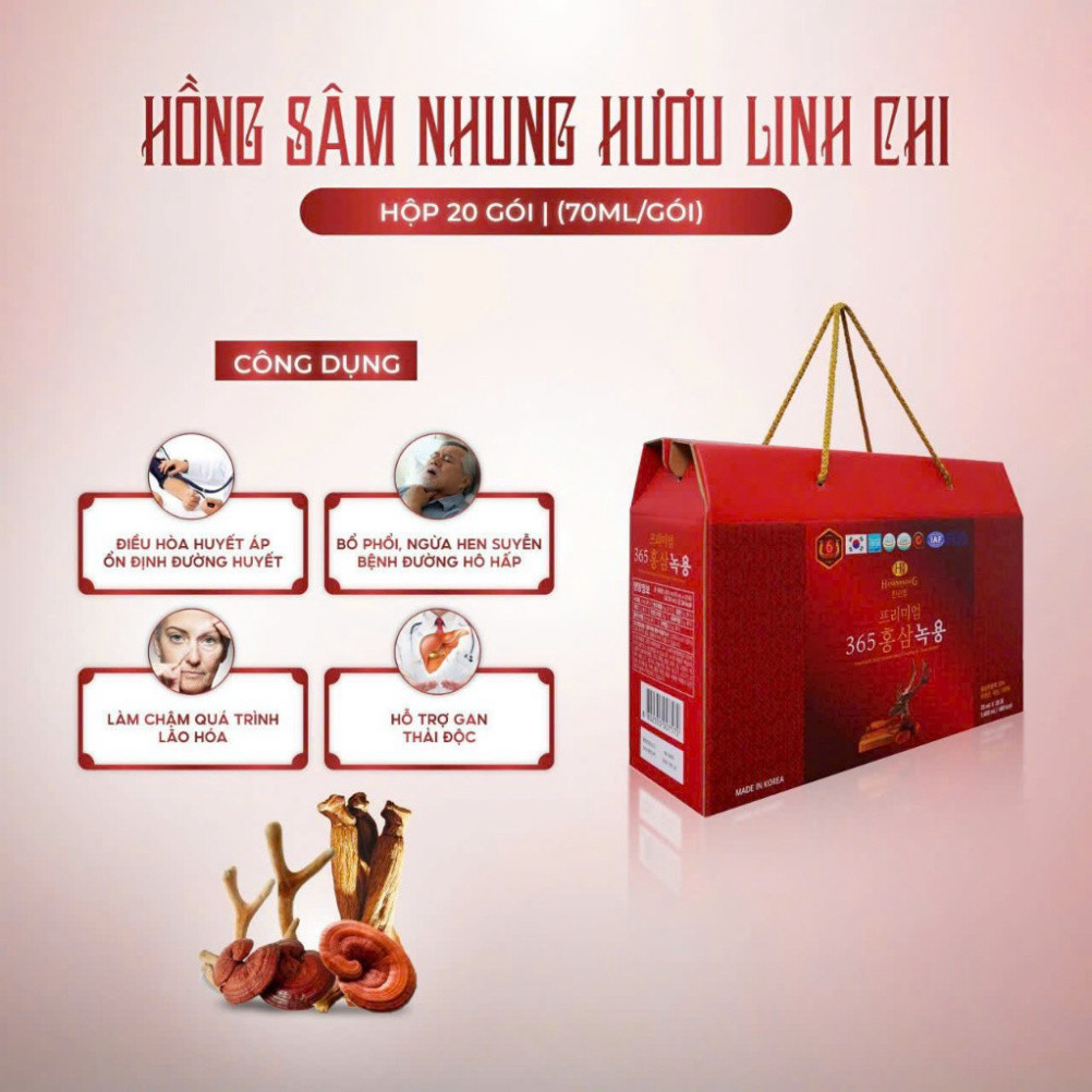 ```(Mẫu mới) Nước Hồng Sâm Linh Chi Nhung Hươu 365 Hansusam Korea Hàn Quốc, 20 Gói x 70ml mỗi Gói``` ( hàng mới về )