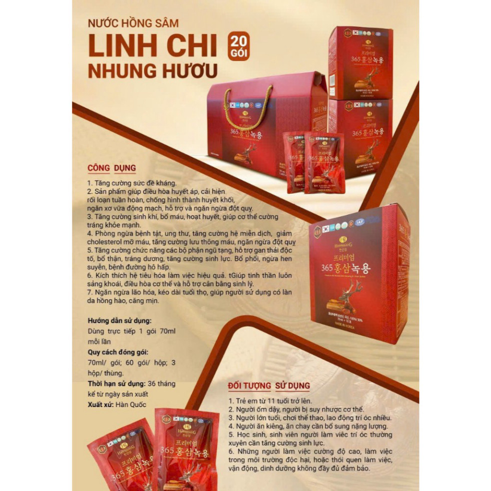```(Mẫu mới) Nước Hồng Sâm Linh Chi Nhung Hươu 365 Hansusam Korea Hàn Quốc, 20 Gói x 70ml mỗi Gói``` ( hàng mới về )