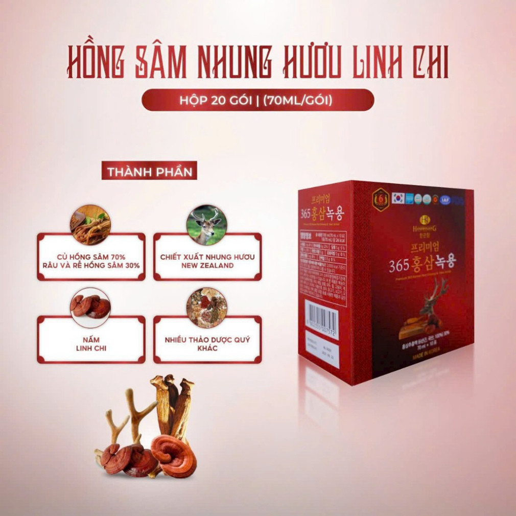 ```(Mẫu mới) Nước Hồng Sâm Linh Chi Nhung Hươu 365 Hansusam Korea Hàn Quốc, 20 Gói x 70ml mỗi Gói``` ( hàng mới về )