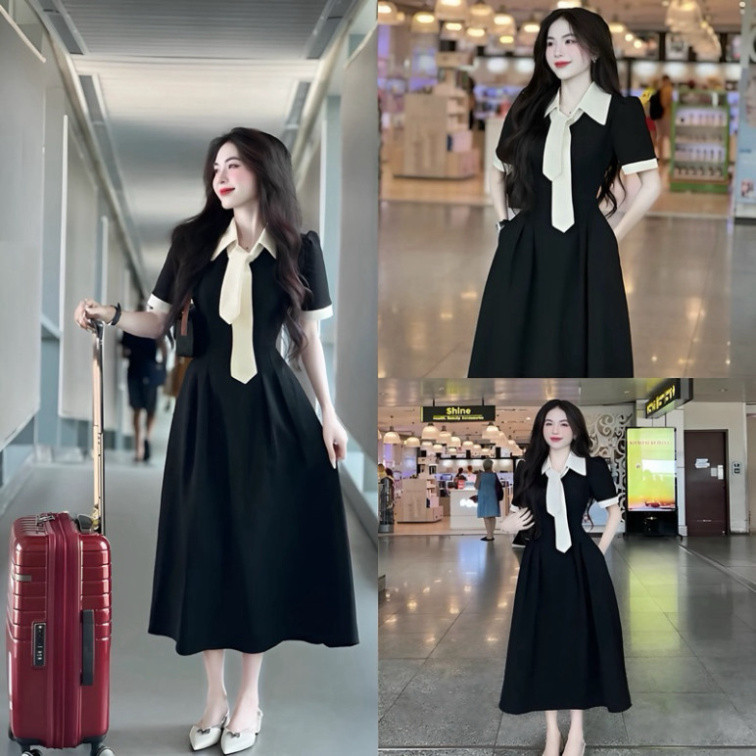Đầm dài nữ phong cách trẻ trung, cổ sơ mi, tay ngắn phối nơ dễ thương, phù hợp đi chơi và dự tiệc. Mon Fashion