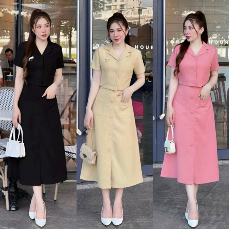 Set váy tiểu thư nữ: Áo croptop kết hợp chân váy dáng dài thanh lịch, có túi hộp và nút cài cho các nàng đi chơi. Mon Fa