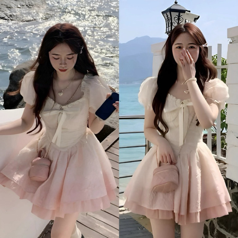 "Đầm váy thời trang nữ chất gấm loang hồng, cột nơ voan tơ, có mút ngực và lớp lót QC, phù hợp đi chơi 🌹" Mon Fashion