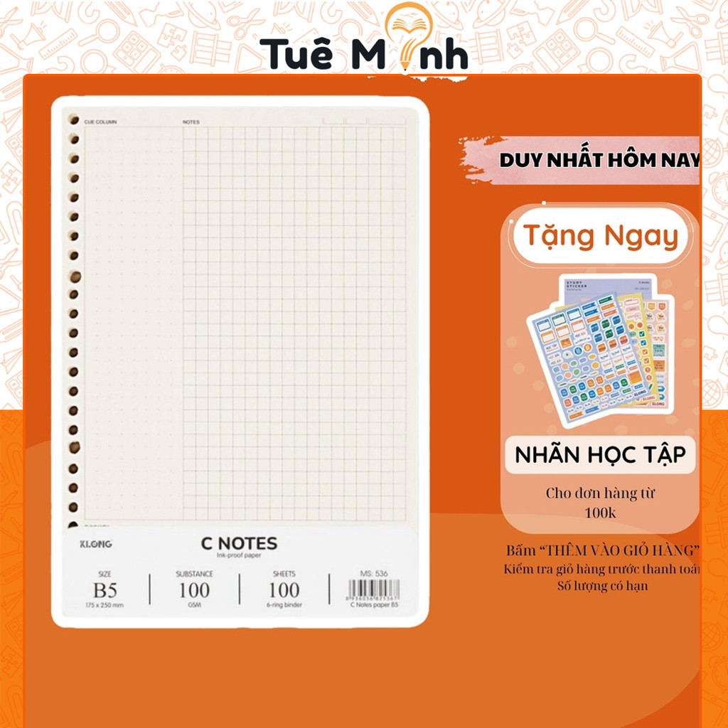 Ruột sổ còng C Notes ô caro 6x6mm B5 100 tờ Klong Ms536, giấy refill sổ ...