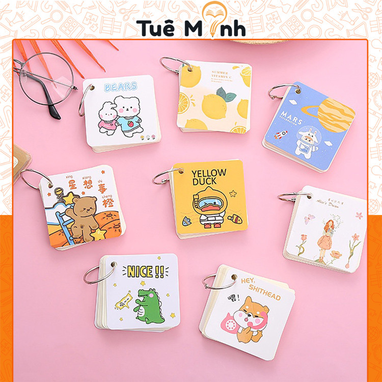 Tập 60 thẻ flashcard vuông hoạt hình học ngoại ngữ VPPTUEMINH, thẻ ghi chú viết từ mới
