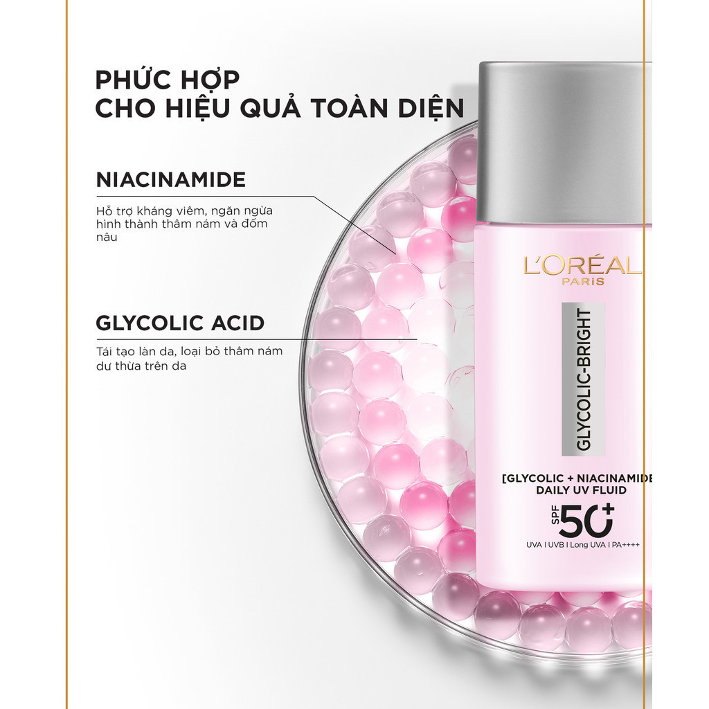 Ảnh Sữa chống nắng phổ rộng mỏng nhẹ bảo vệ da và dưỡng sáng mờ thâm nám Glycolic Bright Anti-Dark Spot L’Oréal Paris 50ml 2