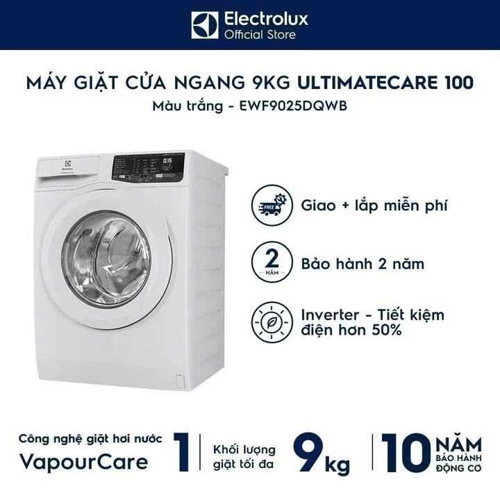 Máy giặt cửa ngang Electrolux 9kg UltimateCare 100 - Trắng EWF9025DQWB - Động cơ Inverter yên tĩnh