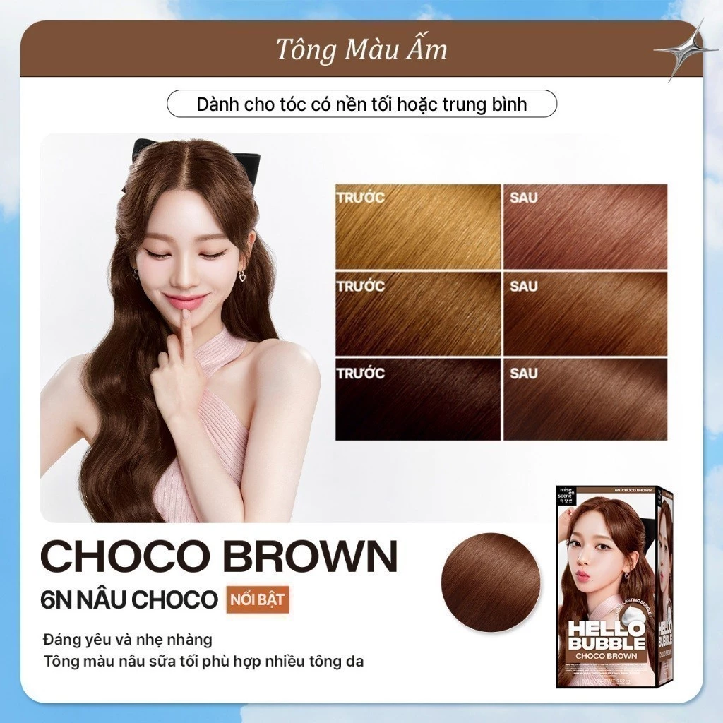 6N Nâu Choco - Nhuộm tóc mise en scène Hello Bubble 100g công thức cải tiến, dạng bọt bền và lâu tan, tông màu