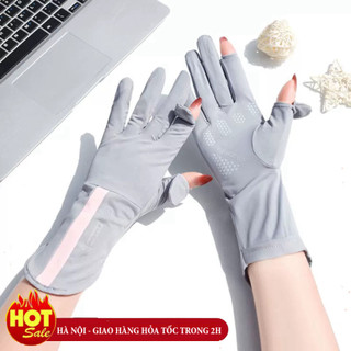 Găng Tay Chống Nắng UV Hở Ngón không Trượt Lụa sọc cổ cao