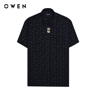 OWEN - Áo sơ mi ngắn tay Body Fit AB250122NT màu Đen chất liệu Viscose-Polyester