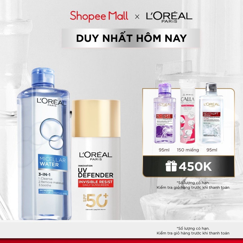 Ảnh Bộ nước tẩy trang Micellar Water 400ml & Sữa Chống Nắng x20 UV Defender Serum 50ml SPF 50+ PA++++ L'Oreal Paris 1