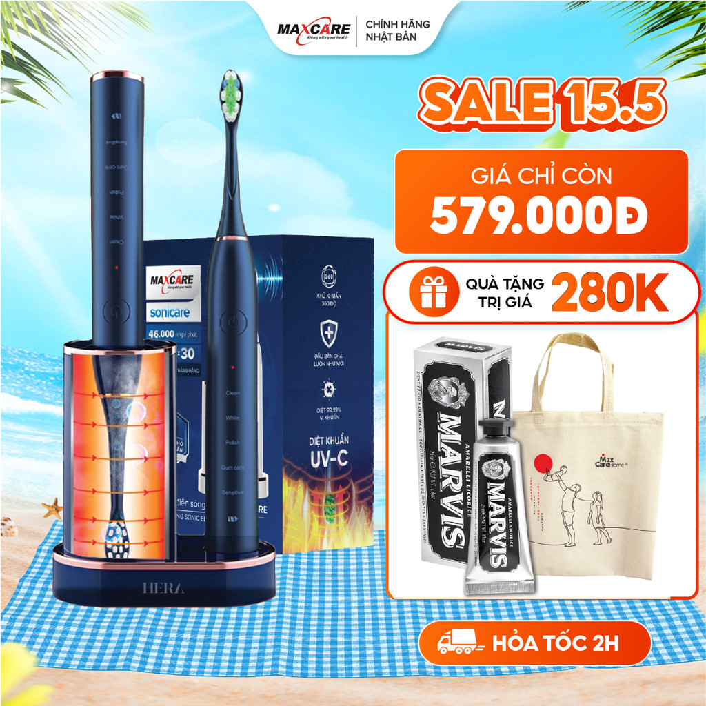 Ảnh Bàn Chải Điện DIỆT KHUẨN BẰNG TIA UV CAO CẤP Maxcare Hera Whitening Sấy Khô & Nhắc Chuyển Vùng Đánh Răng 1