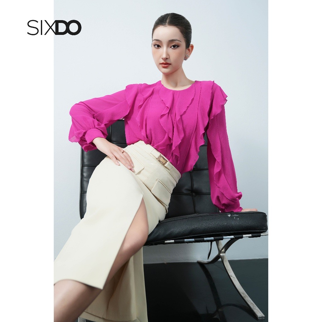 Ảnh Áo sơ mi voan phối bèo SIXDO (Dark Magenta Chiffon Blouse) 2