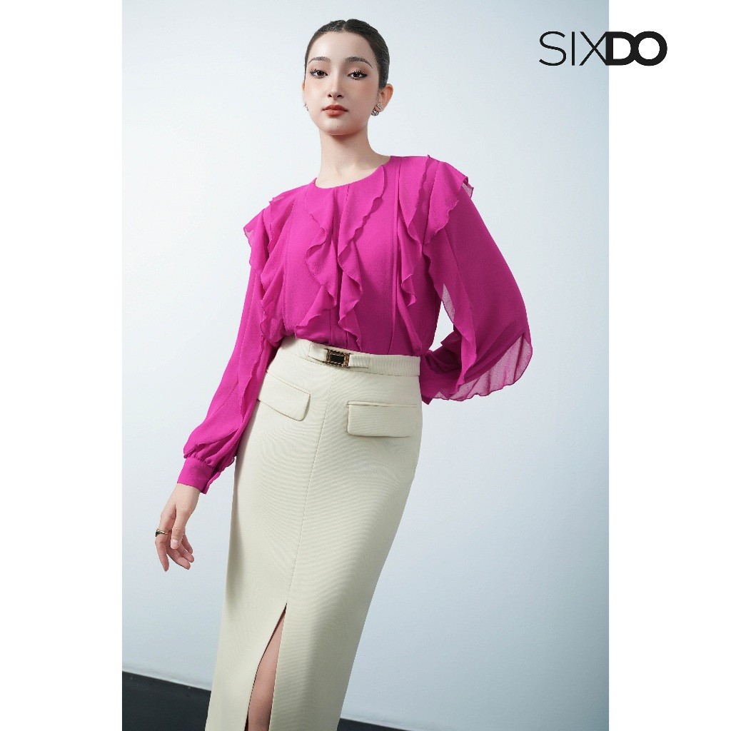 Ảnh Áo sơ mi voan phối bèo SIXDO (Dark Magenta Chiffon Blouse) 1