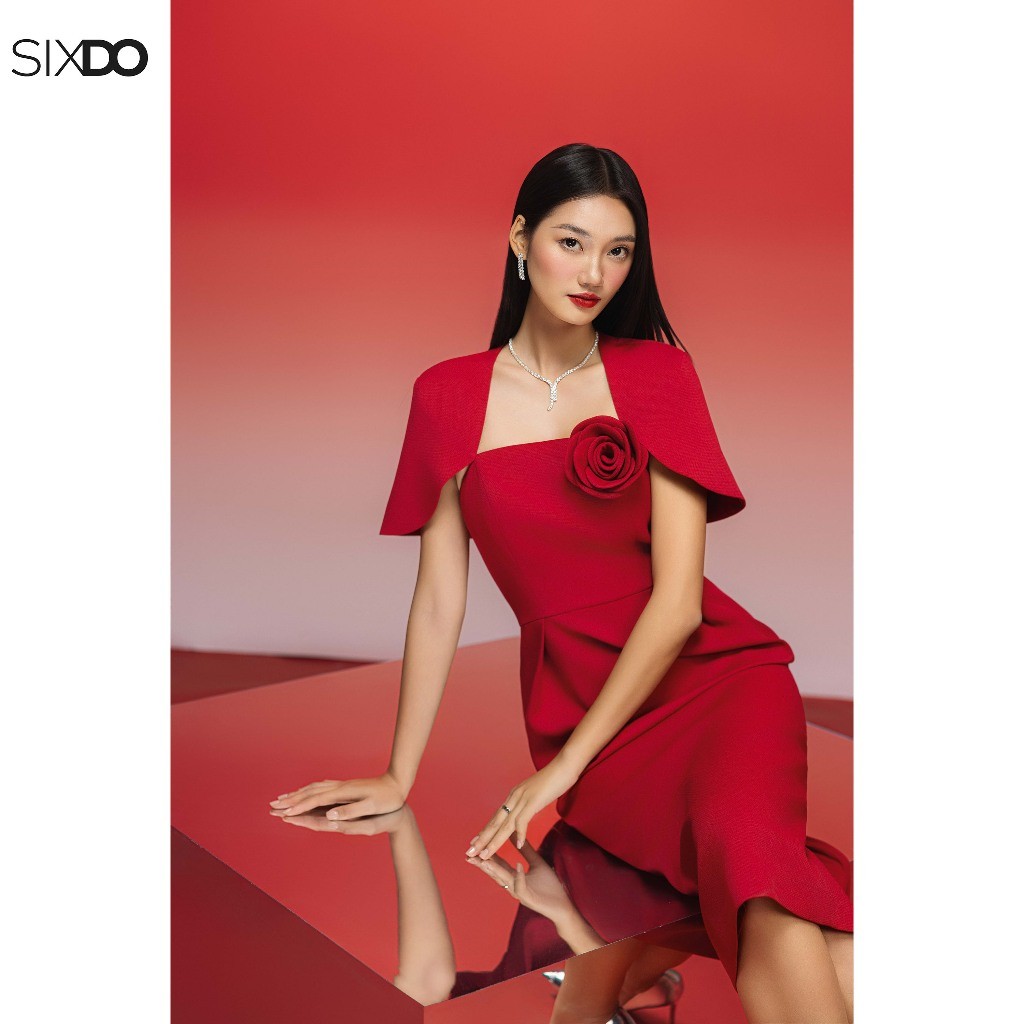 Ảnh Đầm đỏ bút chì phối hoá SIXDO (Red Raw Pencil Dress With Flower) 3