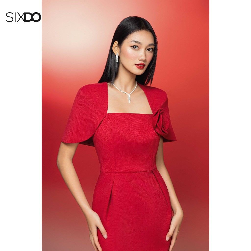 Ảnh Đầm đỏ bút chì phối hoá SIXDO (Red Raw Pencil Dress With Flower) 2