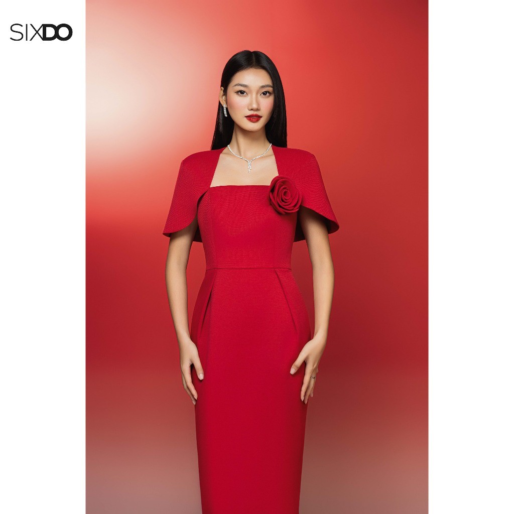 Ảnh Đầm đỏ bút chì phối hoá SIXDO (Red Raw Pencil Dress With Flower) 1