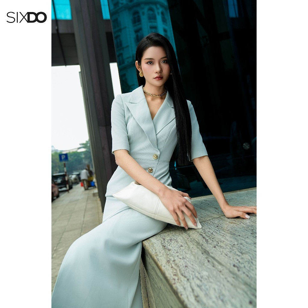 Ảnh Đầm xanh ngọc bút chì tay lỡ SIXDO (Turquoise Woven Pencil Dress) 2