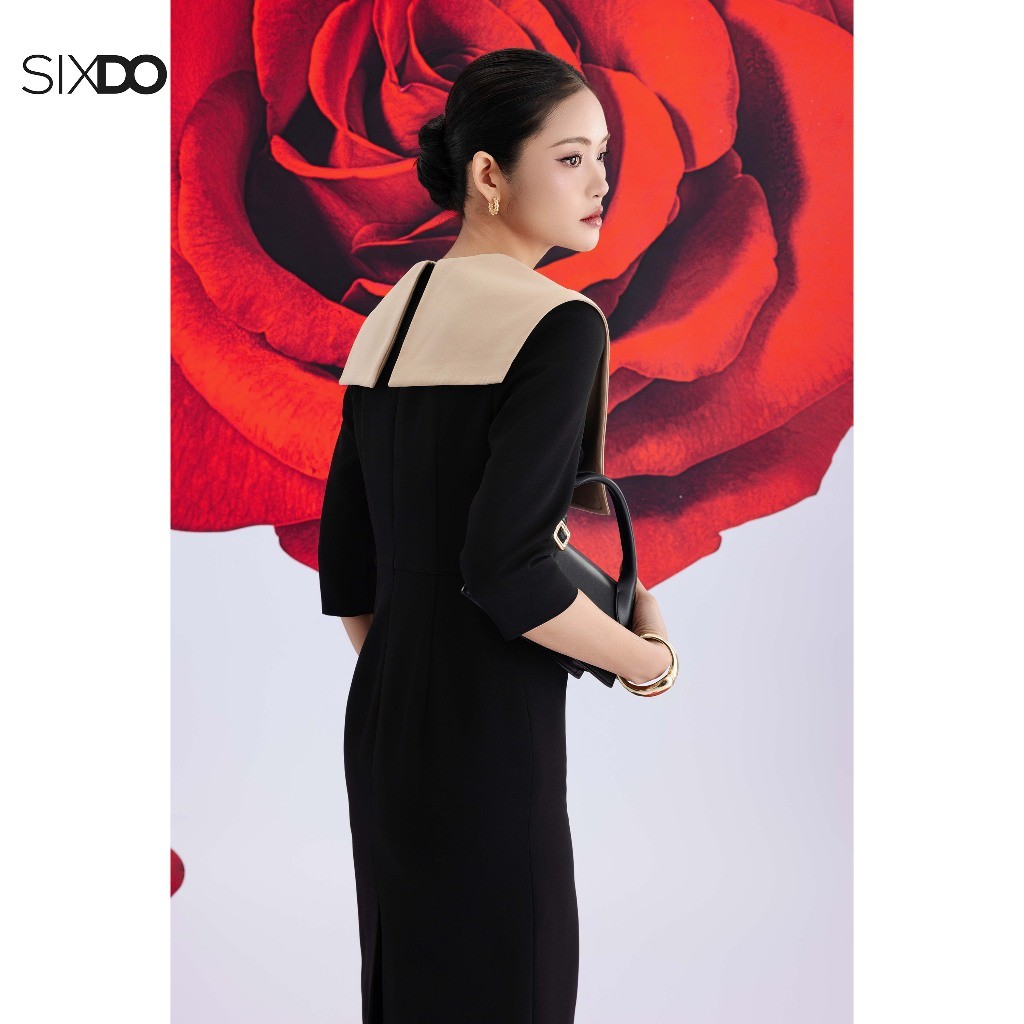 Ảnh Đầm đen bút chì tay lỡ phối vạt SIXDO (Black Woven Pencil Dress With Flower) 2