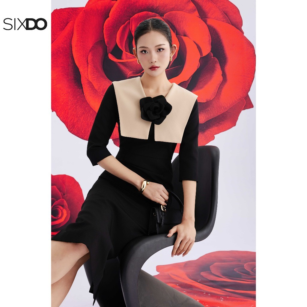 Ảnh Đầm đen bút chì tay lỡ phối vạt SIXDO (Black Woven Pencil Dress With Flower) 3