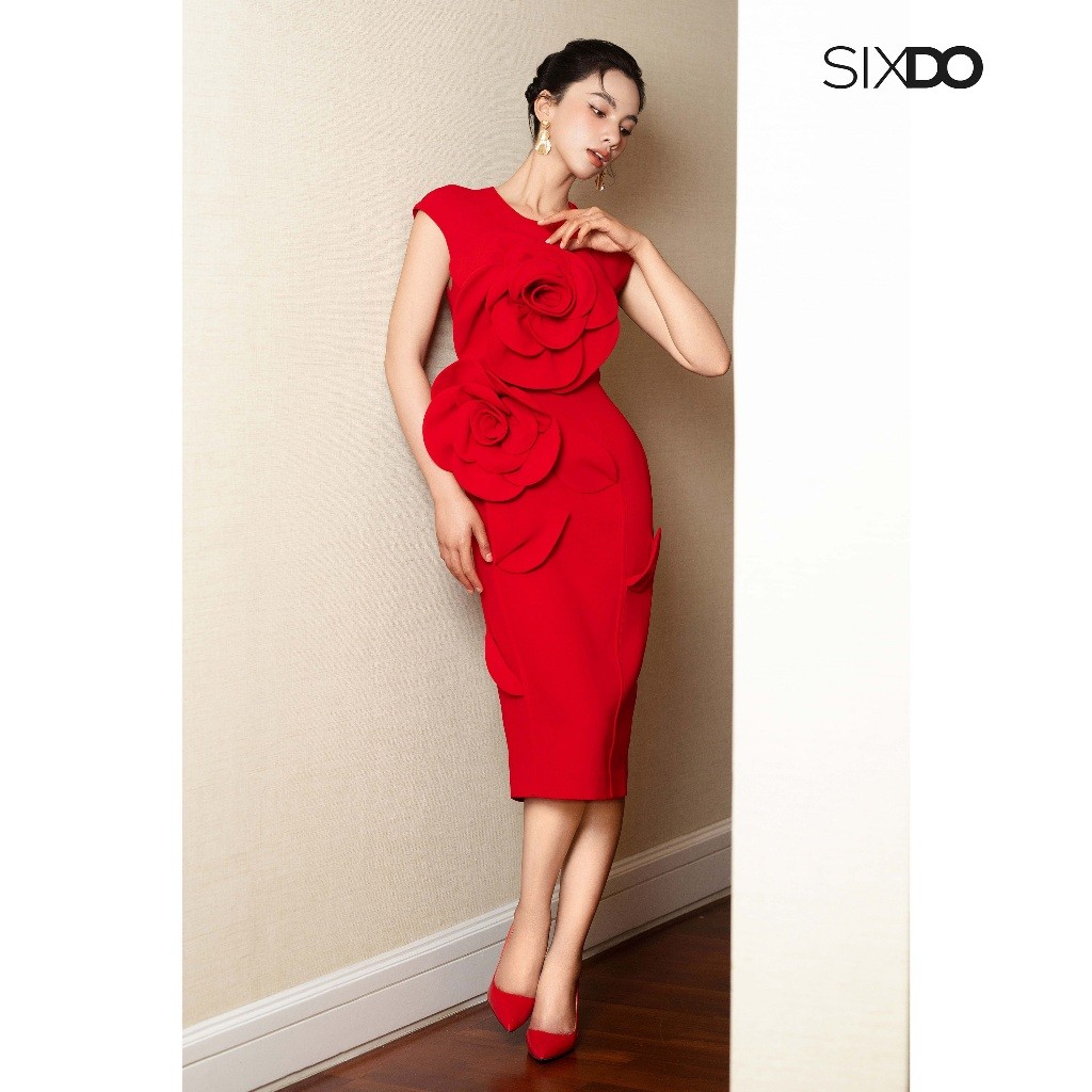 Ảnh Đầm ôm bút chì hoa 3D SIXDO (Red 3D Flower Woven Pencil Dress) 2
