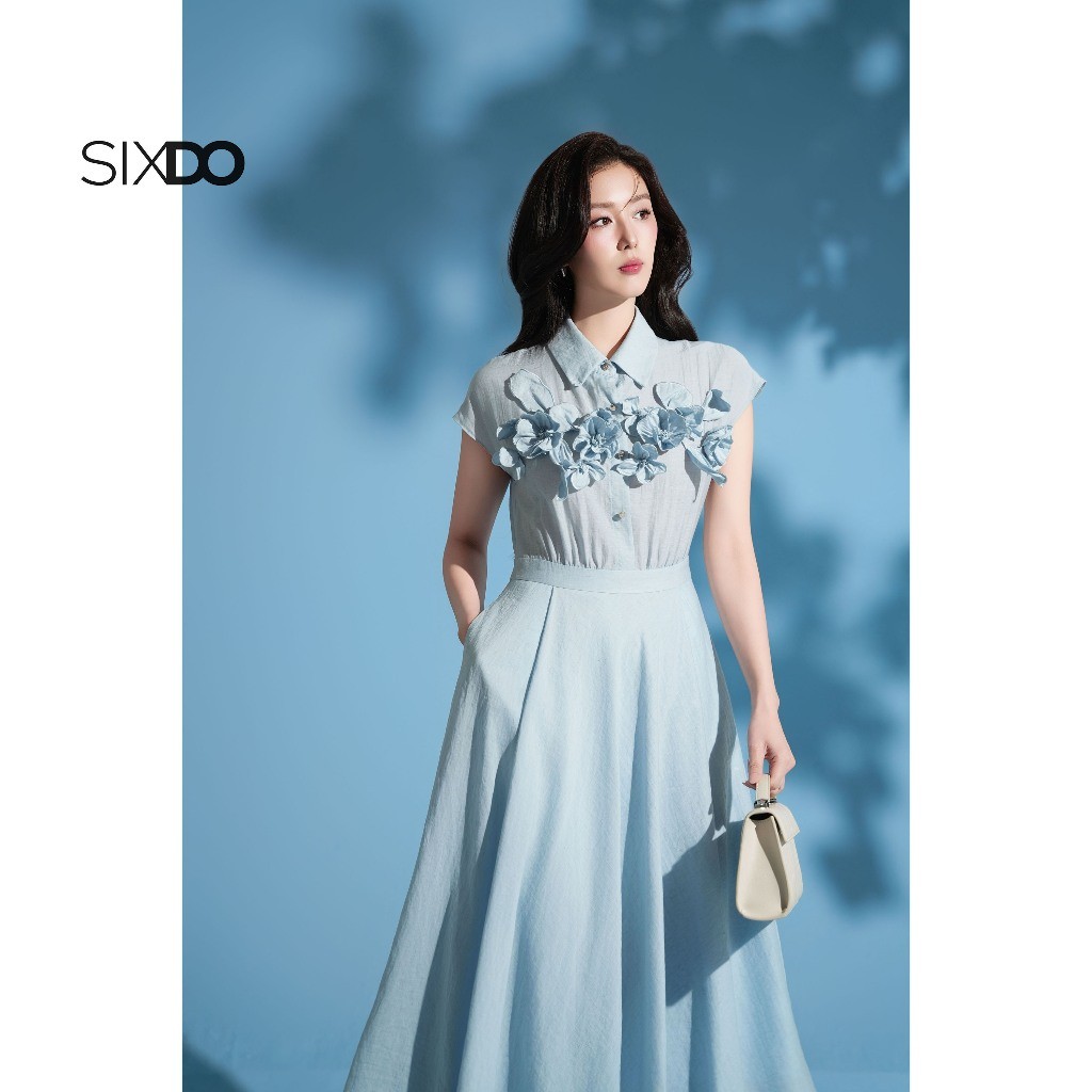 Ảnh Đầm xoè xanh cổ đức phối hoa 3D SIXDO (Light Blue 3D Flower Organza Flared Dress) 2