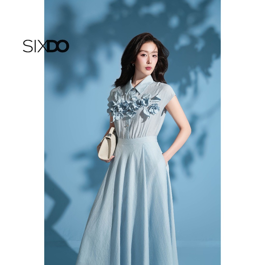 Ảnh Đầm xoè xanh cổ đức phối hoa 3D SIXDO (Light Blue 3D Flower Organza Flared Dress) 3