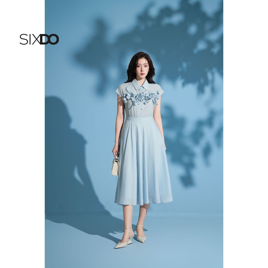 Ảnh Đầm xoè xanh cổ đức phối hoa 3D SIXDO (Light Blue 3D Flower Organza Flared Dress) 1