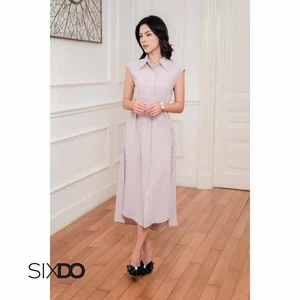 Đầm dài phối 2 cúc dọc hông SIXDO (Grey Woven Flared Dress)