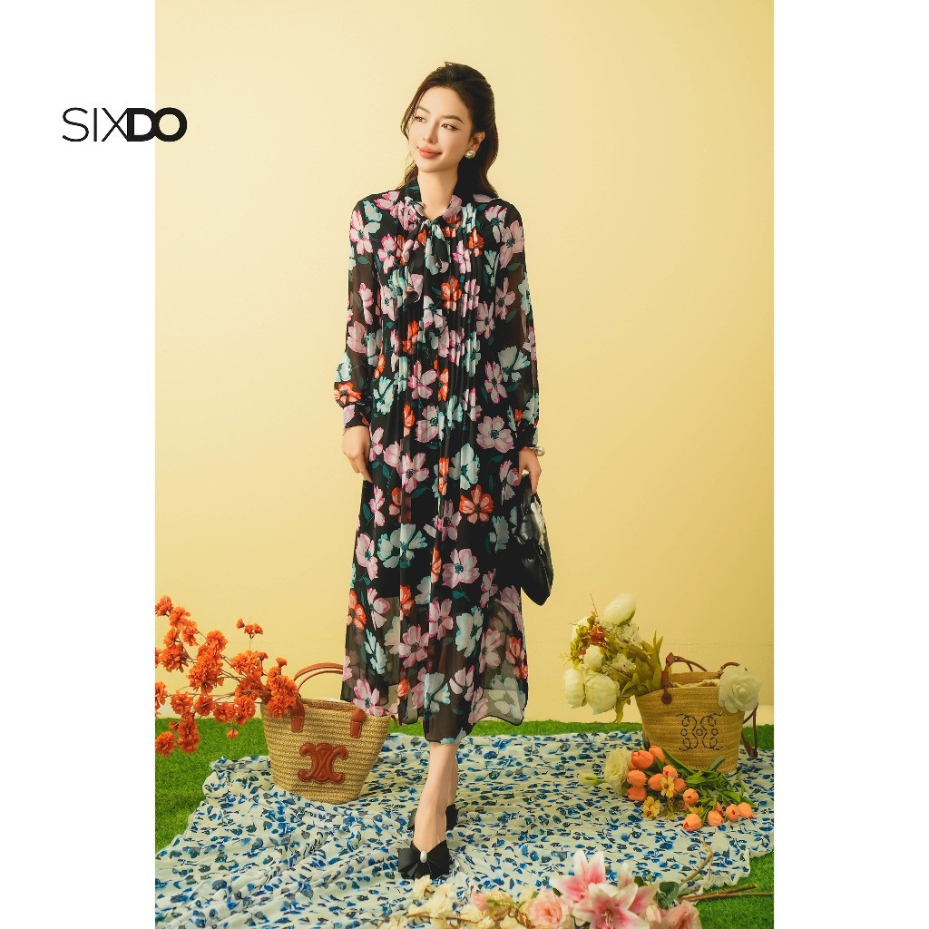Ảnh Đầm suông hoa chiffon cổ thắt nơ SIXDO (Black Floral Chiffon Loose Dress) 2