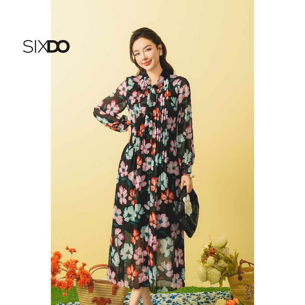 Ảnh Đầm suông hoa chiffon cổ thắt nơ SIXDO (Black Floral Chiffon Loose Dress) 1