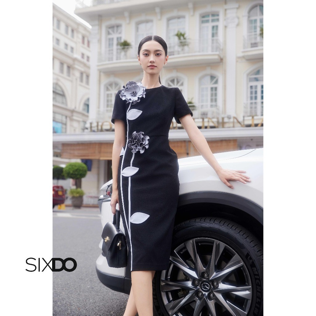 Ảnh Đầm đen ôm hoa 3D thủ công SIXDO (Black 3D Flower Woven Pencil Dress) 4