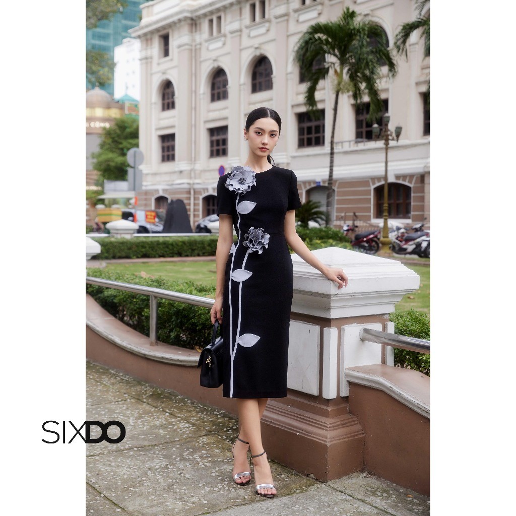 Ảnh Đầm đen ôm hoa 3D thủ công SIXDO (Black 3D Flower Woven Pencil Dress) 1